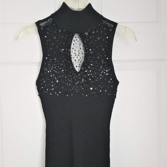 CACHE  Black Sleeveless, Mock Turtleneck, Sheer Yoke, Shimmer Sweater, NWT, Sz 6 - Picture 1 of 7